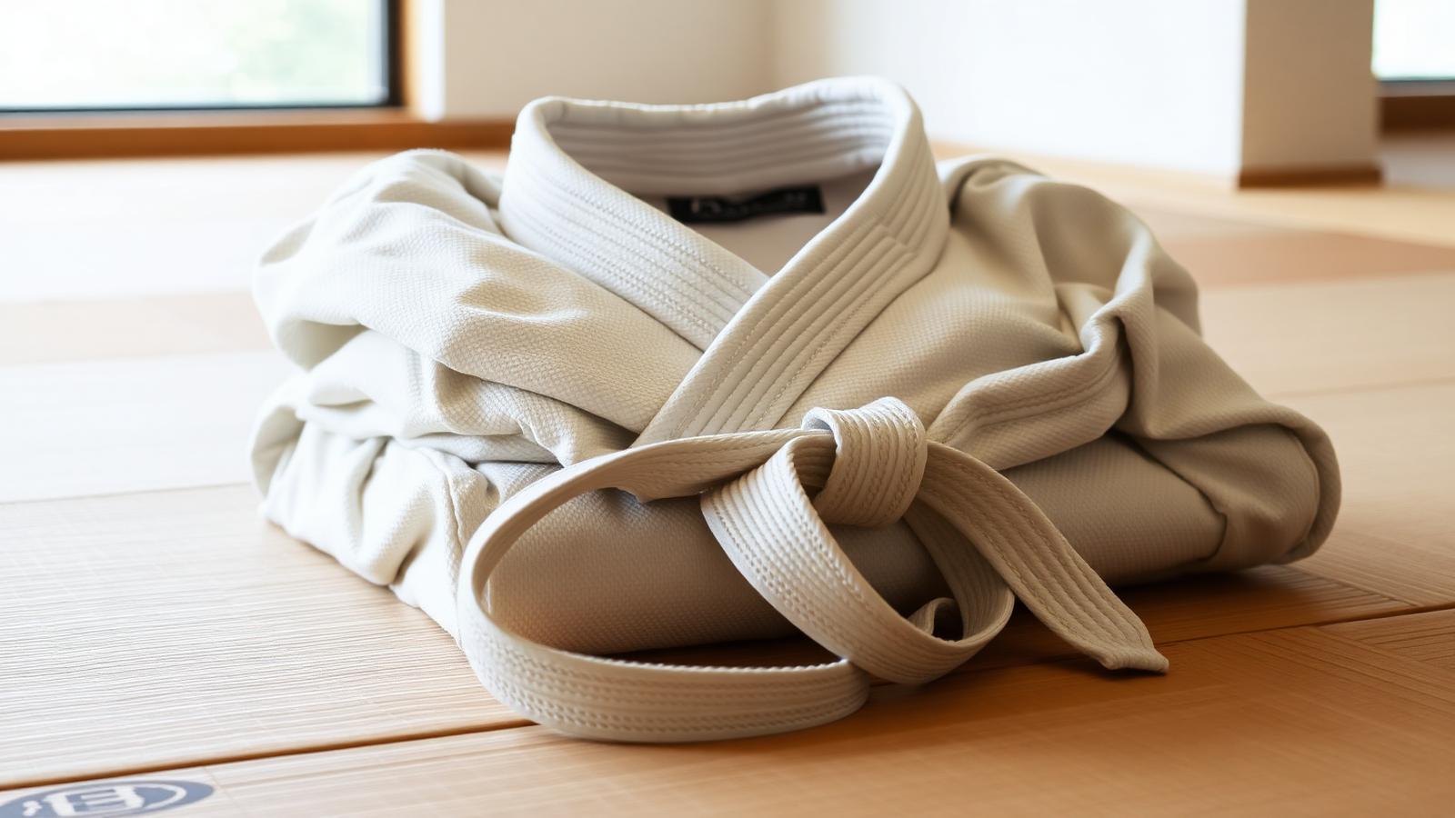 Kimono de jiu-jitsu brésilien plié avec une ceinture blanche sur un tatami