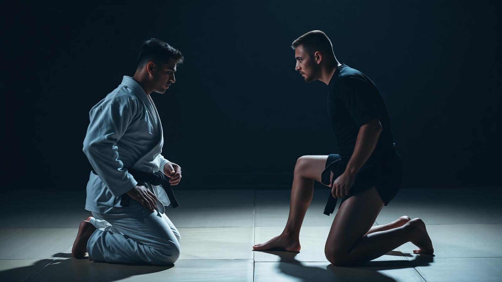 Un pratiquant en kimono face à un pratiquant en rashguard sur le tatami